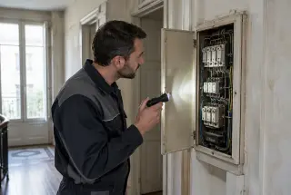 Électricien inspectant un ancien tableau électrique dans l’entrée d’un appartement.