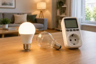 Ampoule LED allumée à côté d’une ancienne ampoule à incandescence et d’un wattmètre dans un intérieur lumineux.
